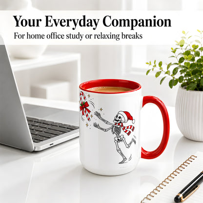 #pl[15oz|Red] Christmas Skeleton Mug, Ceramic Mug with Candy Cane Artwork