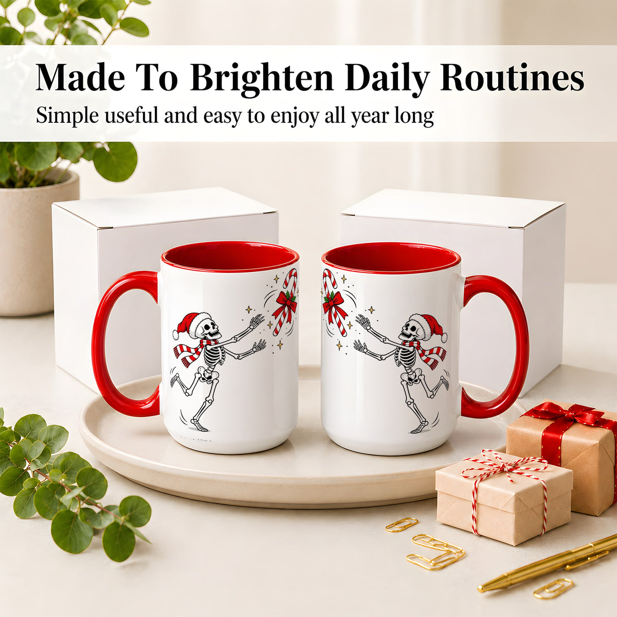 #pl[15oz|Red] Christmas Skeleton Mug, Ceramic Mug with Candy Cane Artwork
