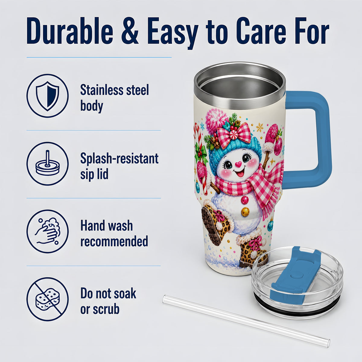 #pl[40oz|Blue] Playful Snowman 40oz Tumbler, Bright Pink Christmas Character Design