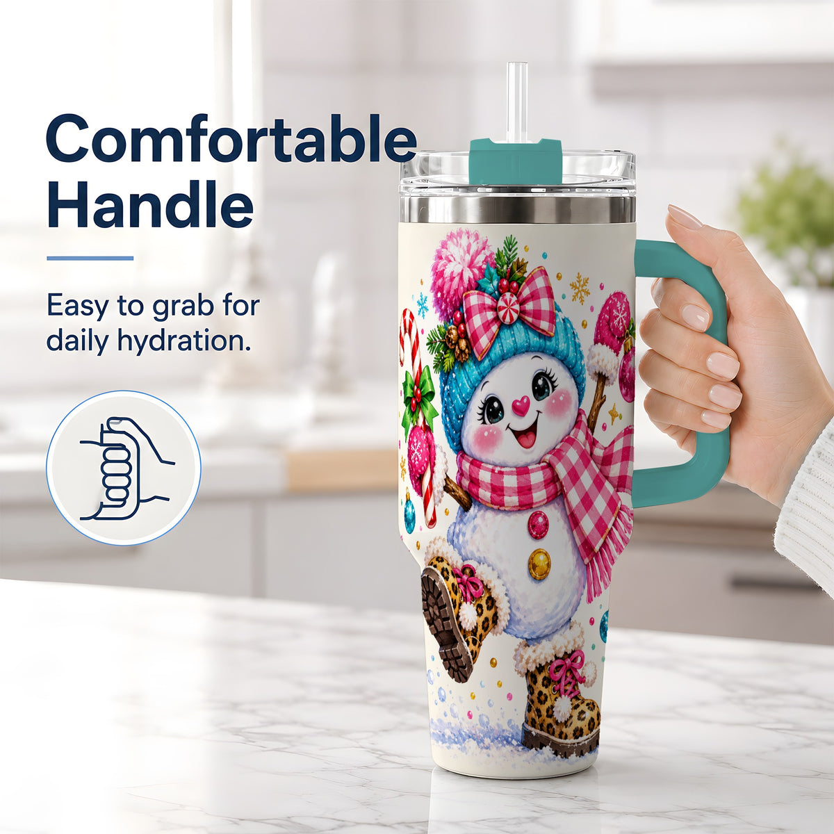 #pl[40oz|Green] Playful Snowman 40oz Tumbler, Bright Pink Christmas Character Design