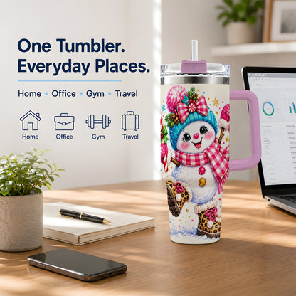 #pl[40oz|Pink] Playful Snowman 40oz Tumbler, Bright Pink Christmas Character Design