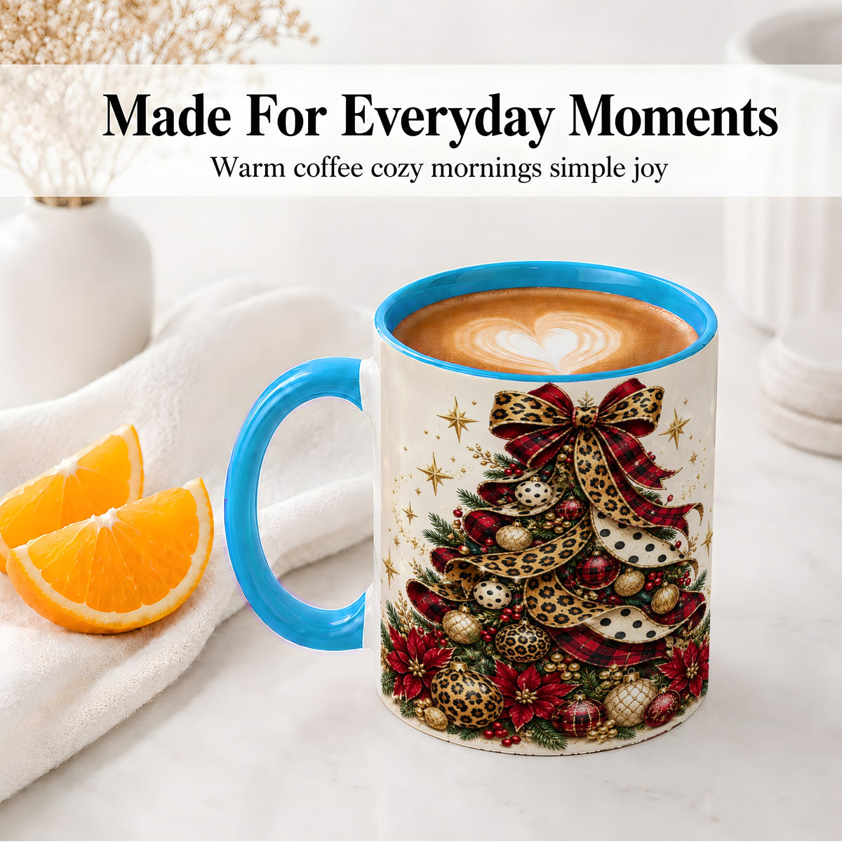 #pl[11oz|Blue] Leopard Christmas Tree Mug, Ceramic Mug with Plaid Ribbon Art