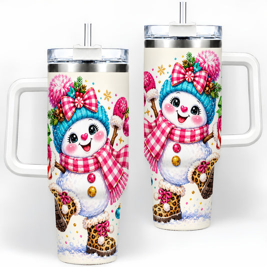Playful Snowman 40oz Tumbler, Bright Pink Christmas Character Design
