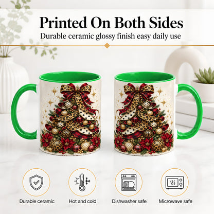 #pl[11oz|Green] Leopard Christmas Tree Mug, Ceramic Mug with Plaid Ribbon Art