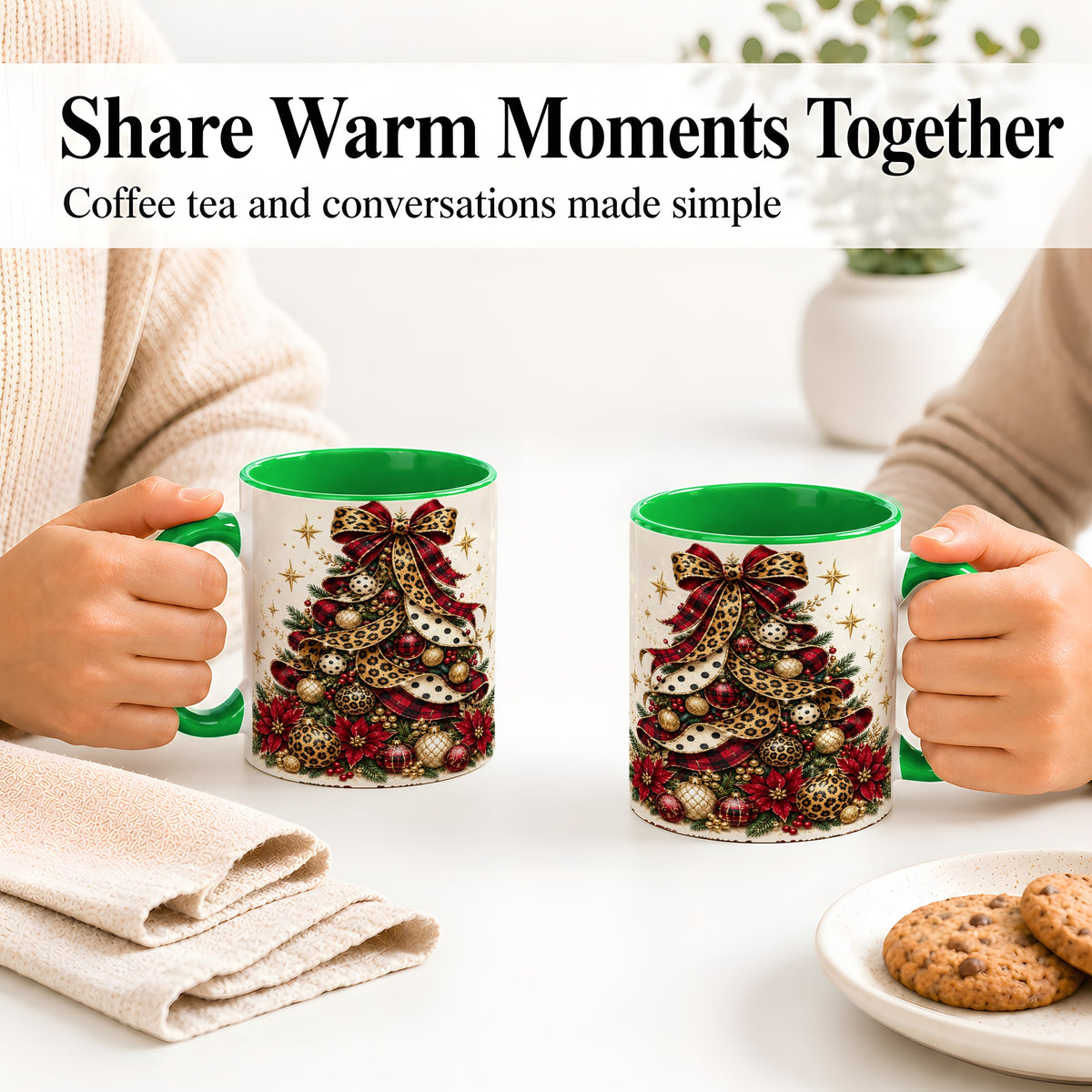 #pl[11oz|Green] Leopard Christmas Tree Mug, Ceramic Mug with Plaid Ribbon Art