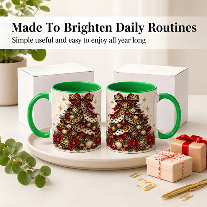 #pl[11oz|Green] Leopard Christmas Tree Mug, Ceramic Mug with Plaid Ribbon Art