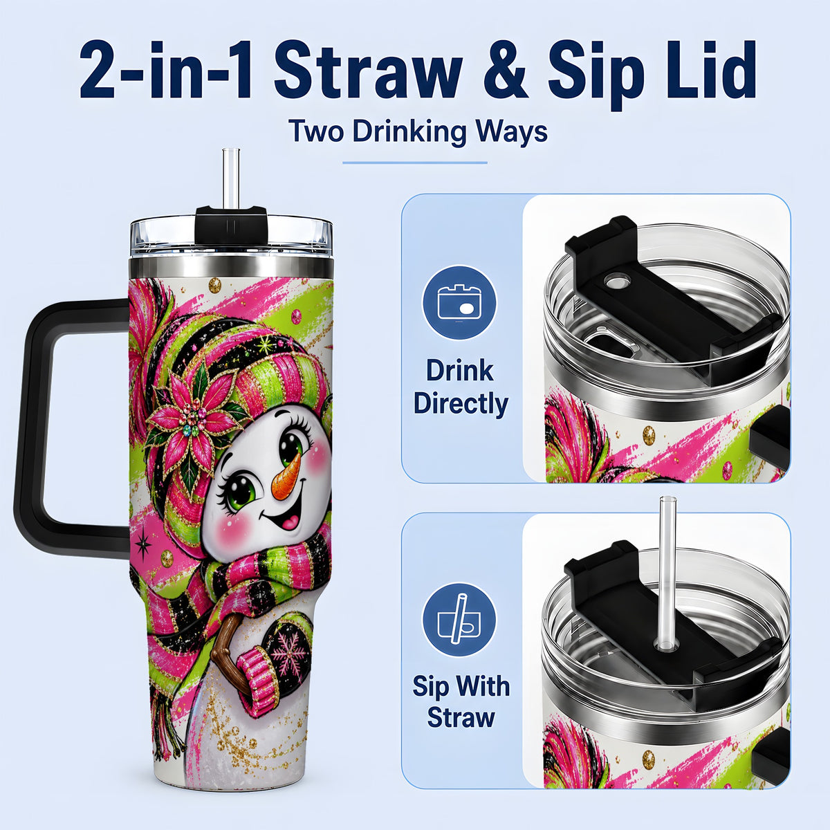 #pl[40oz|Black] Neon Snowman 40oz Tumbler, Pink Lime Black Christmas Character Art