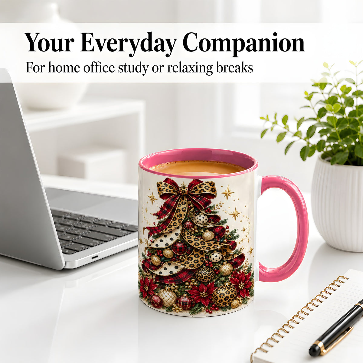 #pl[11oz|Pink] Leopard Christmas Tree Mug, Ceramic Mug with Plaid Ribbon Art