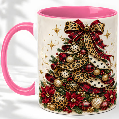 #pl[11oz|Pink] Leopard Christmas Tree Mug, Ceramic Mug with Plaid Ribbon Art