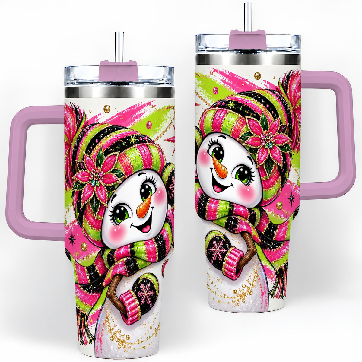 #pl[40oz|Pink] Neon Snowman 40oz Tumbler, Pink Lime Black Christmas Character Art