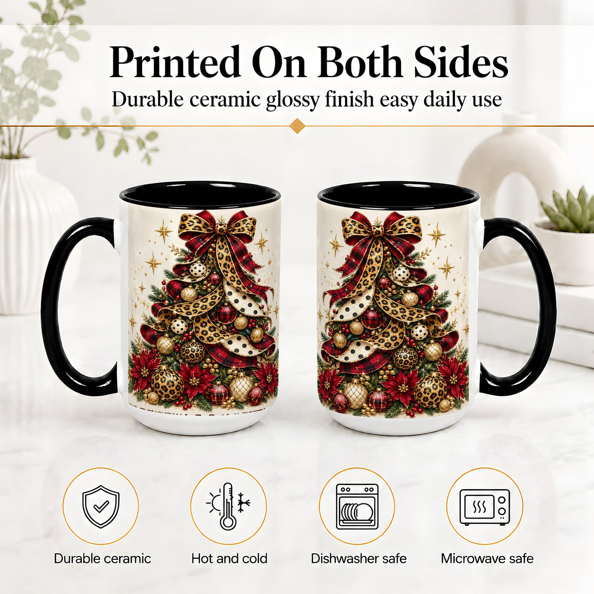 #pl[15oz|Black] Leopard Christmas Tree Mug, Ceramic Mug with Plaid Ribbon Art