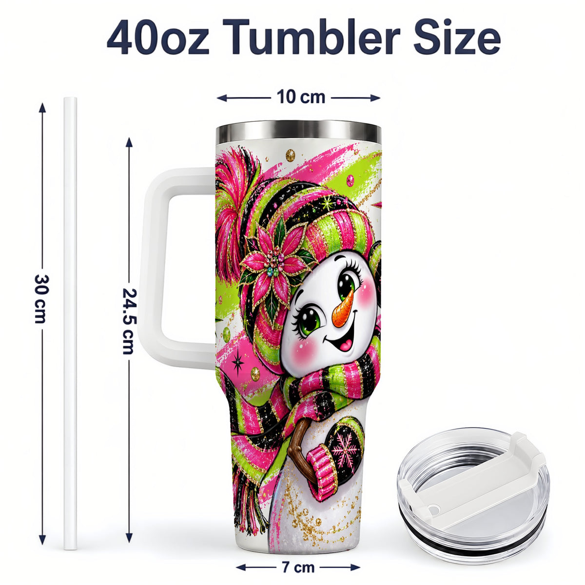 #pl[40oz|White] Neon Snowman 40oz Tumbler, Pink Lime Black Christmas Character Art