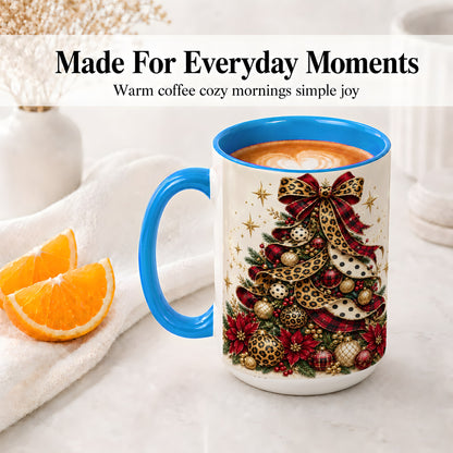 #pl[15oz|Blue] Leopard Christmas Tree Mug, Ceramic Mug with Plaid Ribbon Art