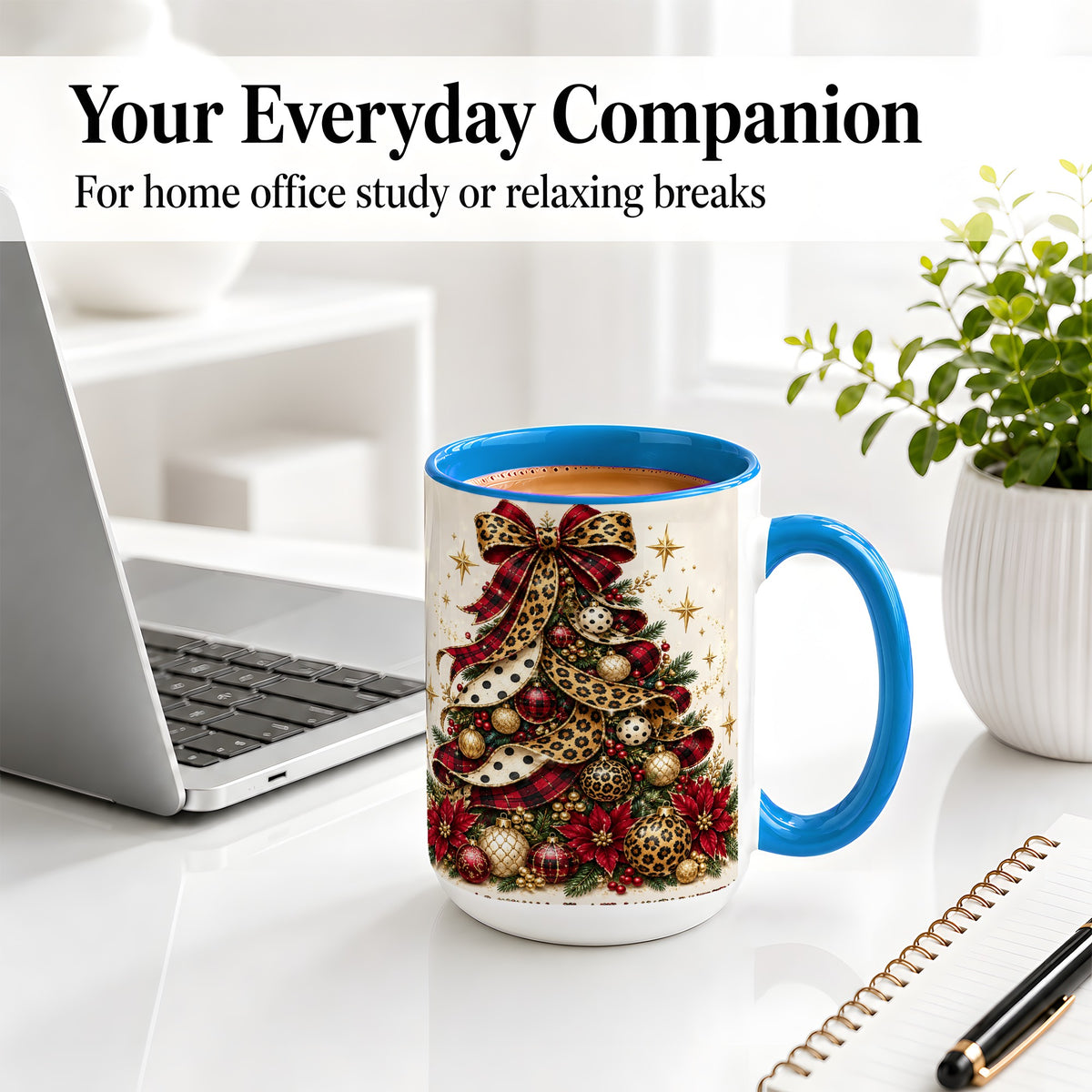 #pl[15oz|Blue] Leopard Christmas Tree Mug, Ceramic Mug with Plaid Ribbon Art