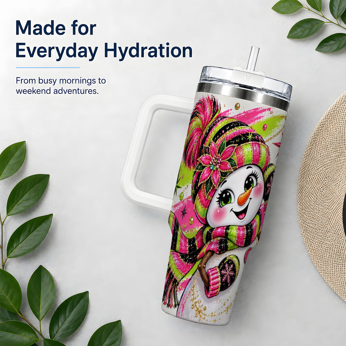 #pl[40oz|White] Neon Snowman 40oz Tumbler, Pink Lime Black Christmas Character Art
