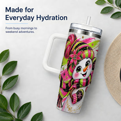 #pl[40oz|White] Neon Snowman 40oz Tumbler, Pink Lime Black Christmas Character Art