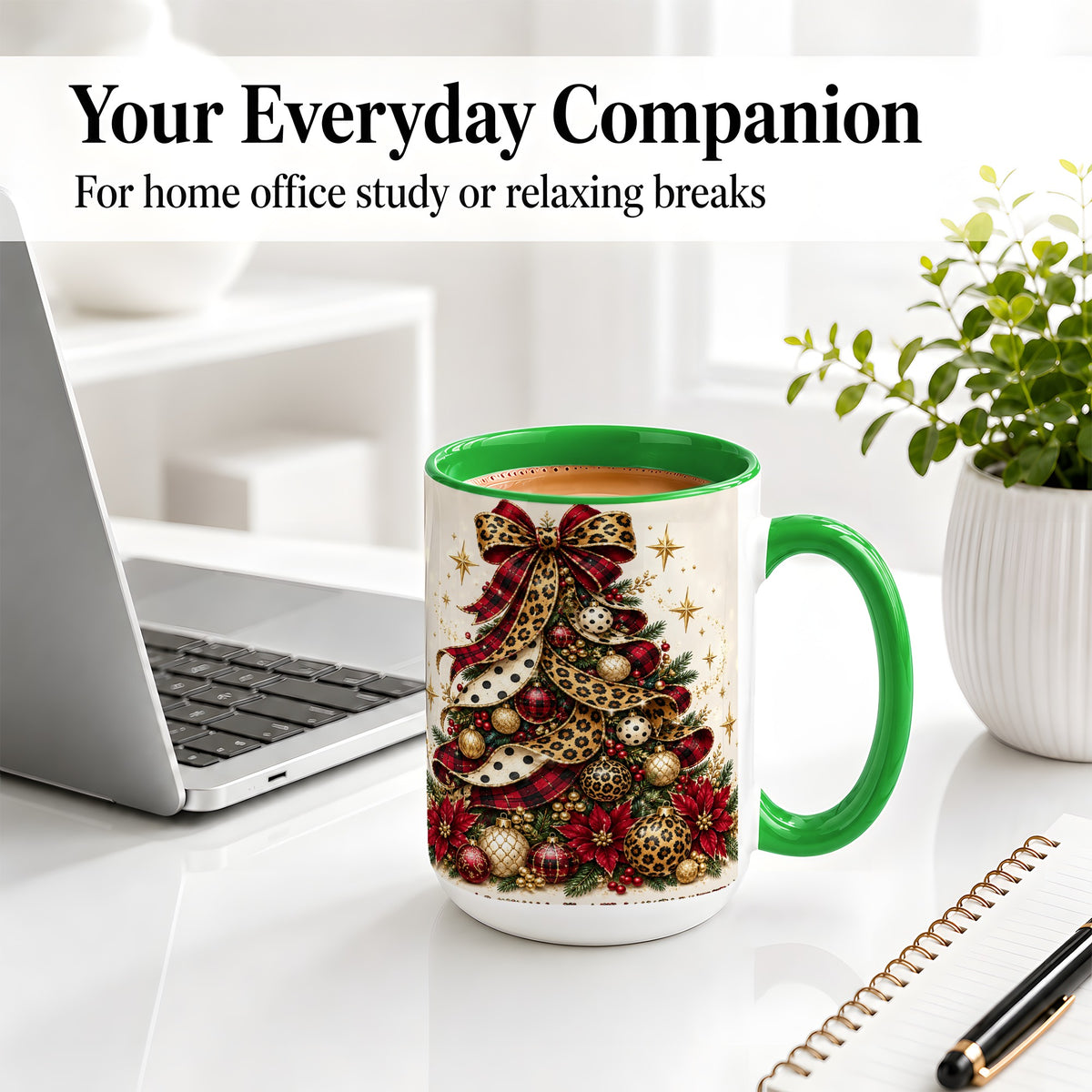 #pl[15oz|Green] Leopard Christmas Tree Mug, Ceramic Mug with Plaid Ribbon Art
