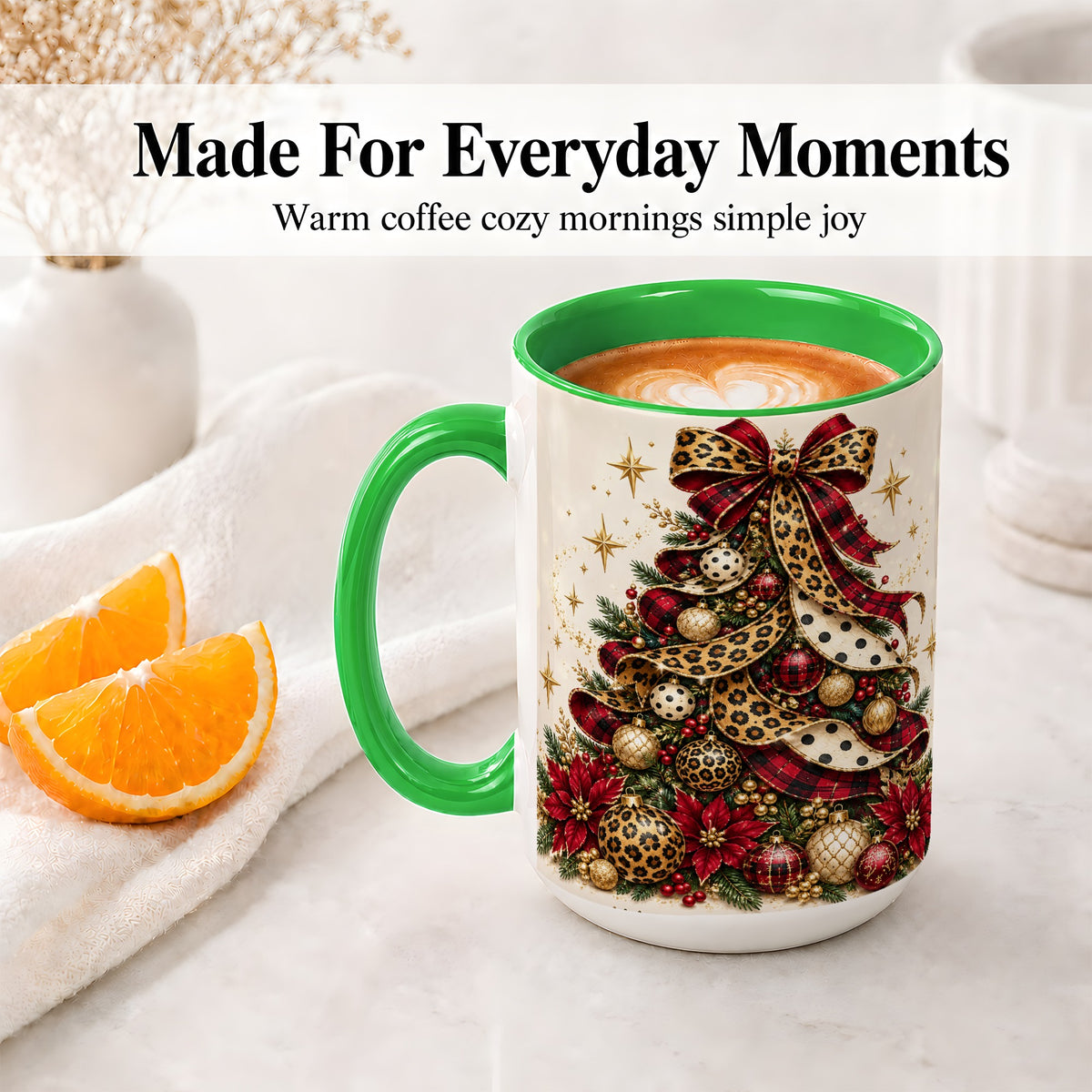 #pl[15oz|Green] Leopard Christmas Tree Mug, Ceramic Mug with Plaid Ribbon Art