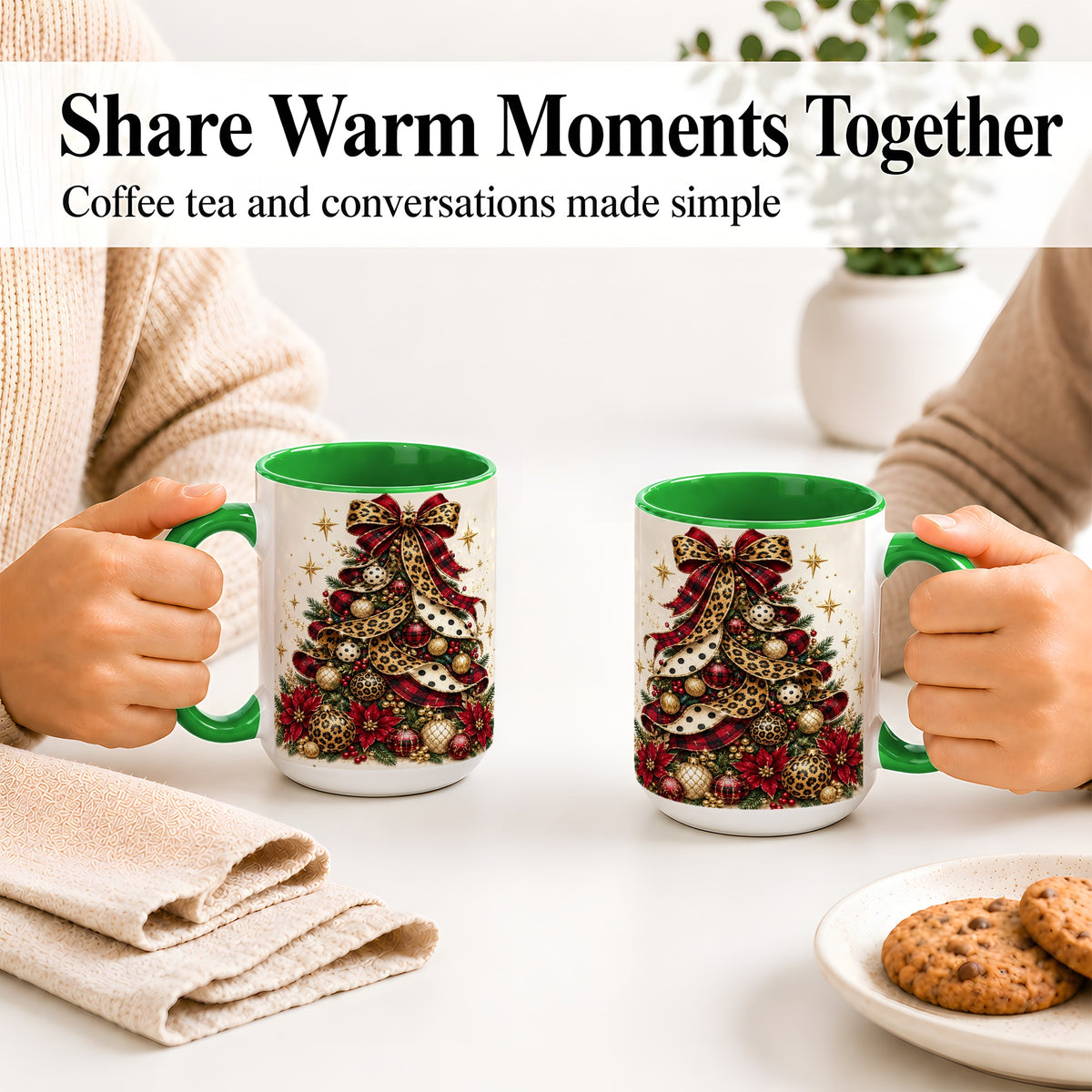 #pl[15oz|Green] Leopard Christmas Tree Mug, Ceramic Mug with Plaid Ribbon Art