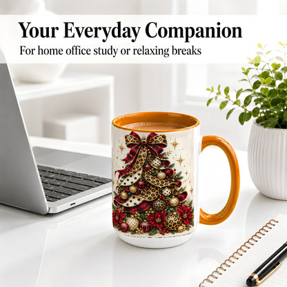 #pl[15oz|Orange] Leopard Christmas Tree Mug, Ceramic Mug with Plaid Ribbon Art