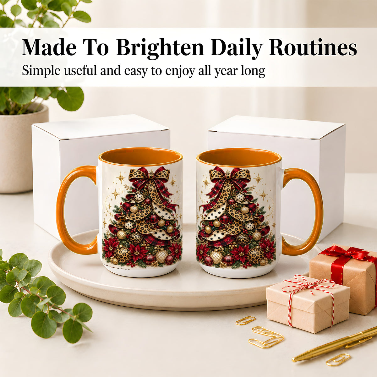 #pl[15oz|Orange] Leopard Christmas Tree Mug, Ceramic Mug with Plaid Ribbon Art