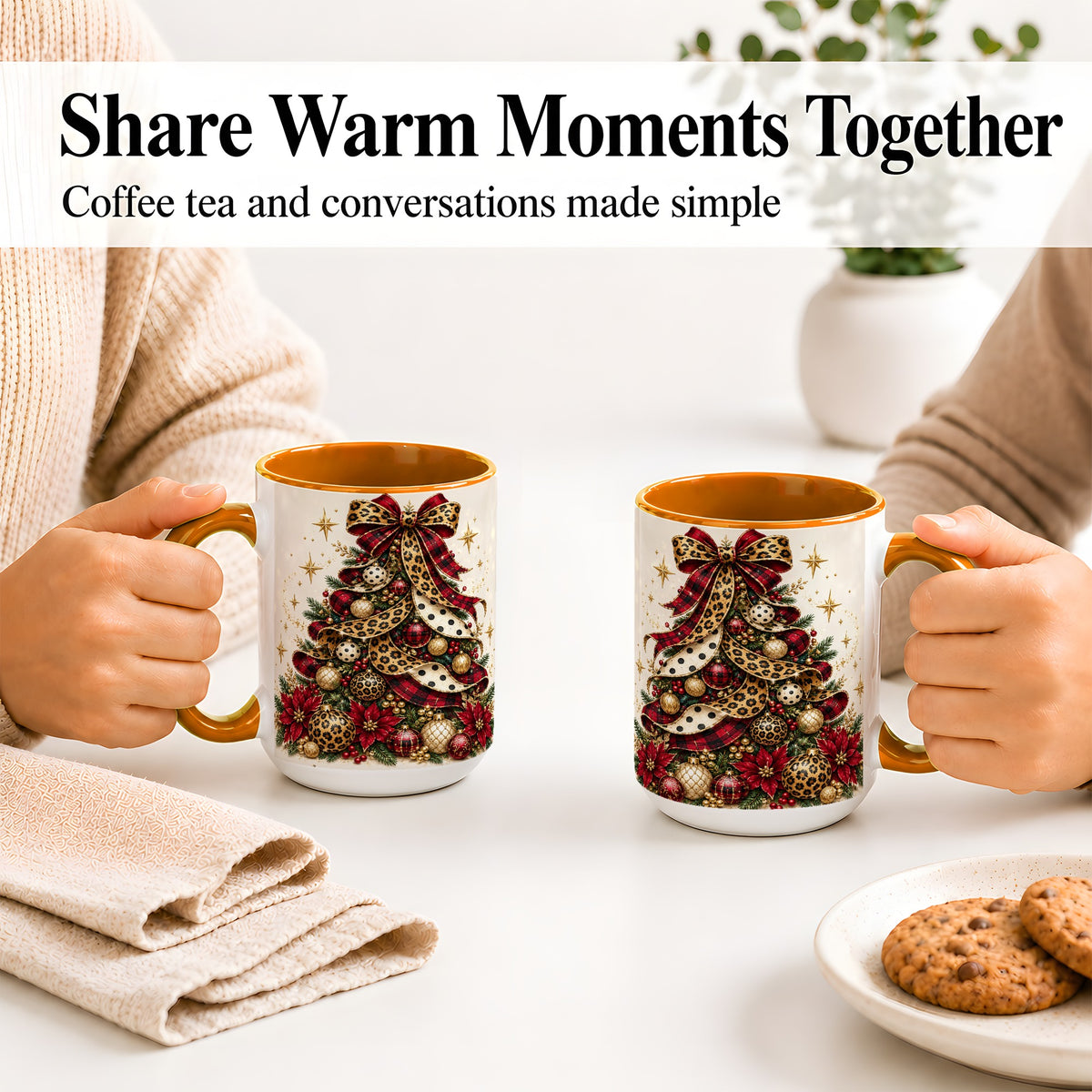 #pl[15oz|Orange] Leopard Christmas Tree Mug, Ceramic Mug with Plaid Ribbon Art