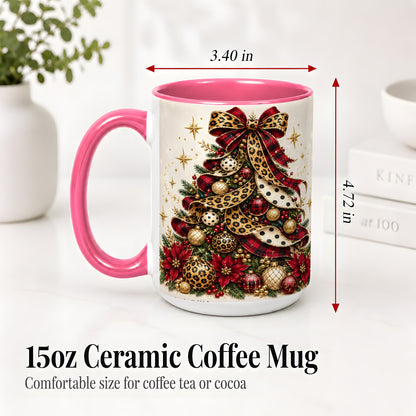 #pl[15oz|Pink] Leopard Christmas Tree Mug, Ceramic Mug with Plaid Ribbon Art
