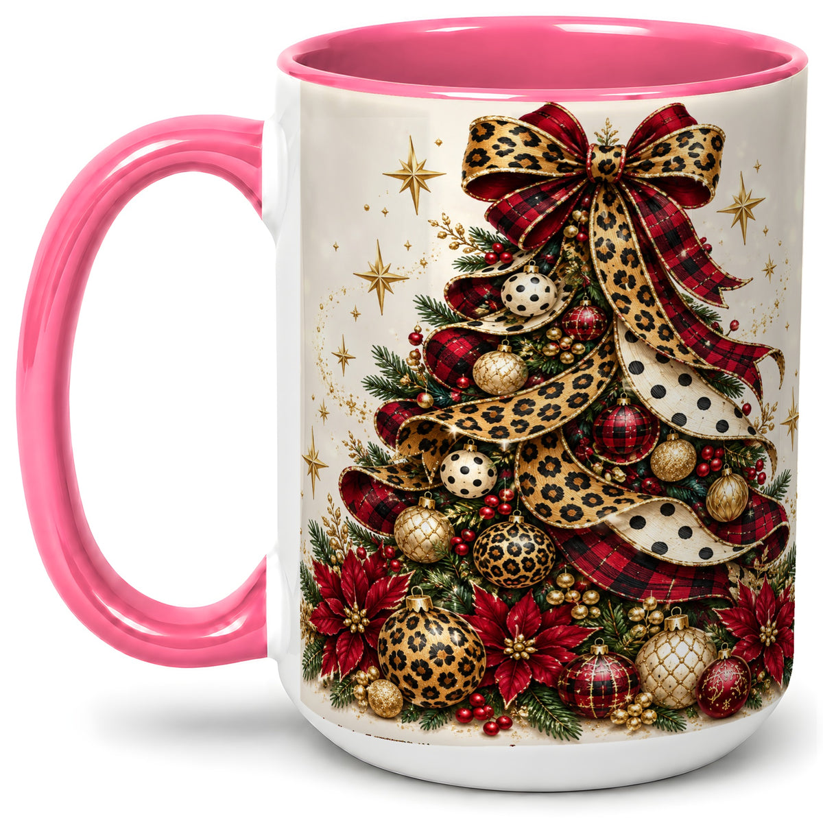 #pl[15oz|Pink] Leopard Christmas Tree Mug, Ceramic Mug with Plaid Ribbon Art