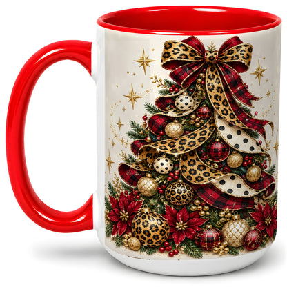 #pl[15oz|Red] Leopard Christmas Tree Mug, Ceramic Mug with Plaid Ribbon Art
