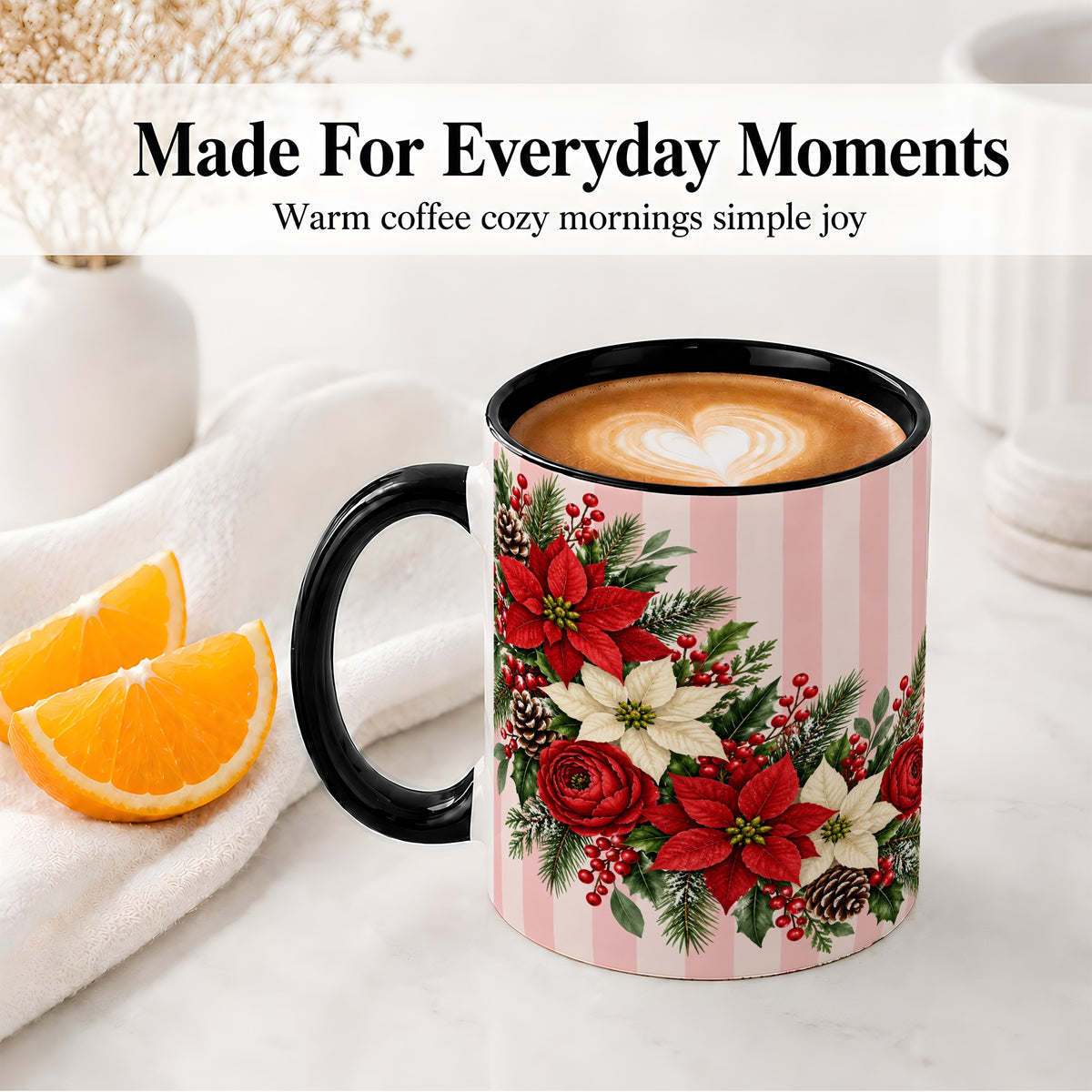 #pl[11oz|Black] Poinsettia Christmas Floral Mug, Ceramic Mug with Pink Stripes