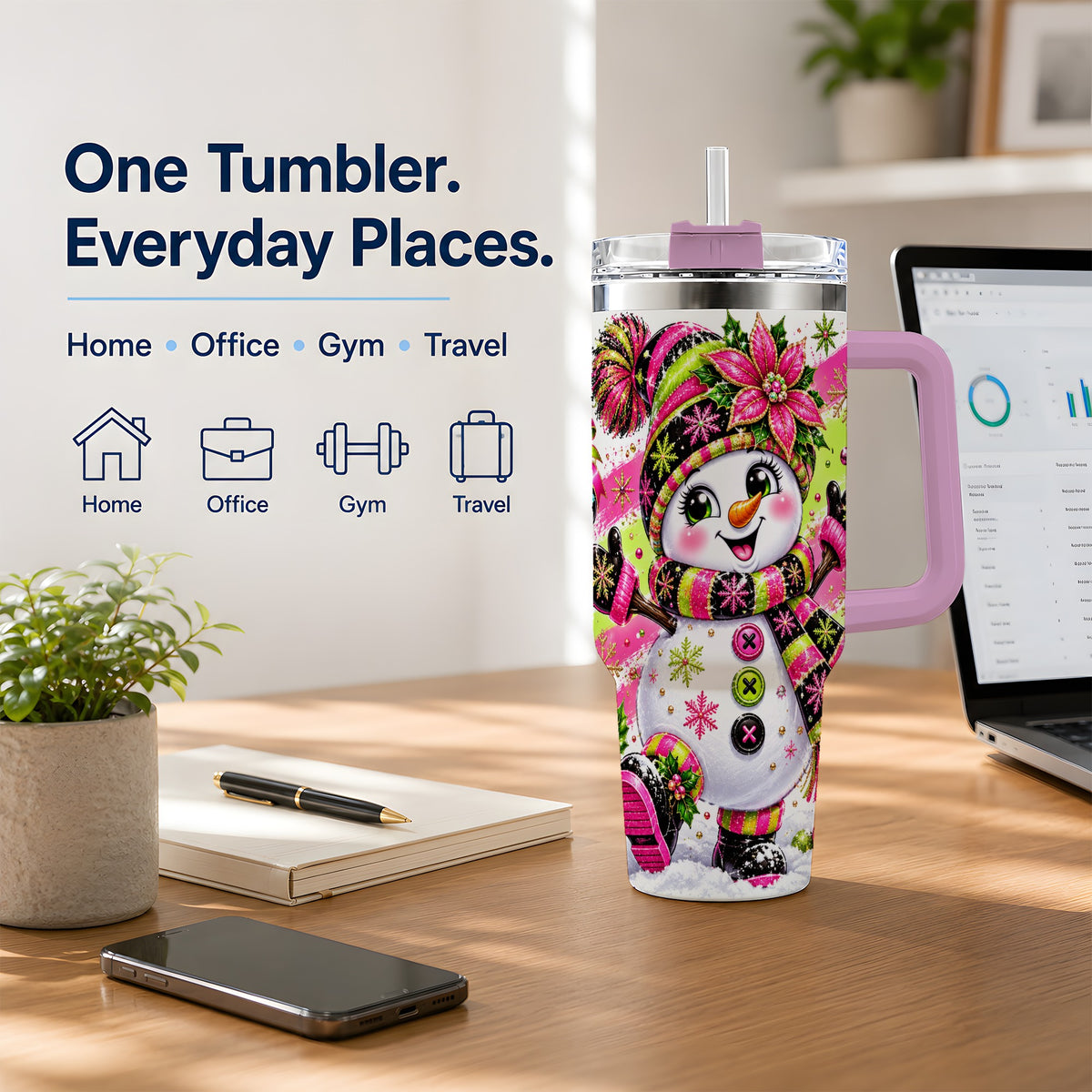 #pl[40oz|Pink] Neon Christmas Snowman Tumbler, 40oz Stainless Steel Tumbler for Daily Use