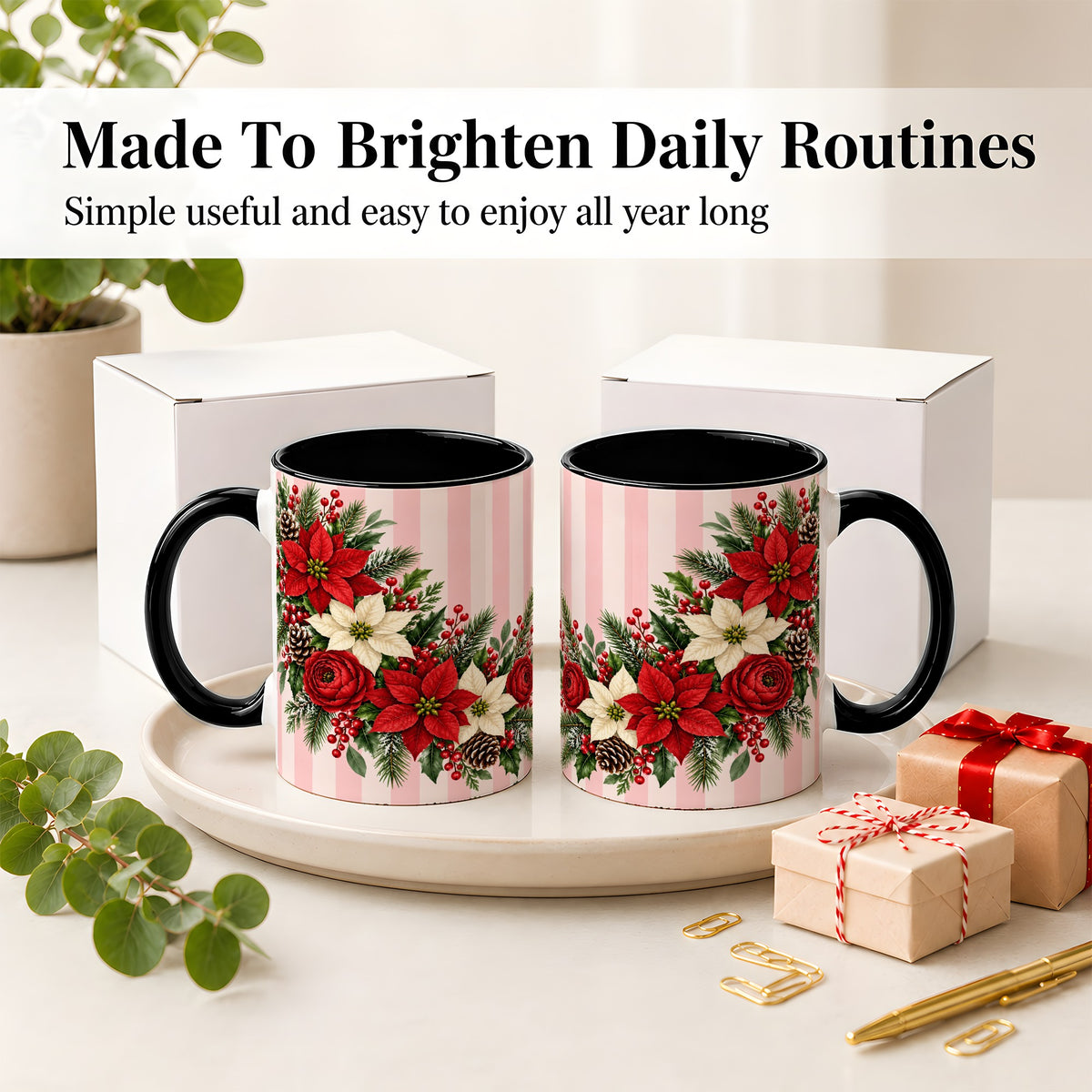 #pl[11oz|Black] Poinsettia Christmas Floral Mug, Ceramic Mug with Pink Stripes
