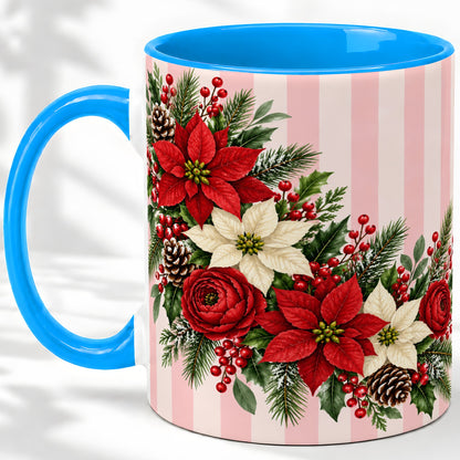 #pl[11oz|Blue] Poinsettia Christmas Floral Mug, Ceramic Mug with Pink Stripes