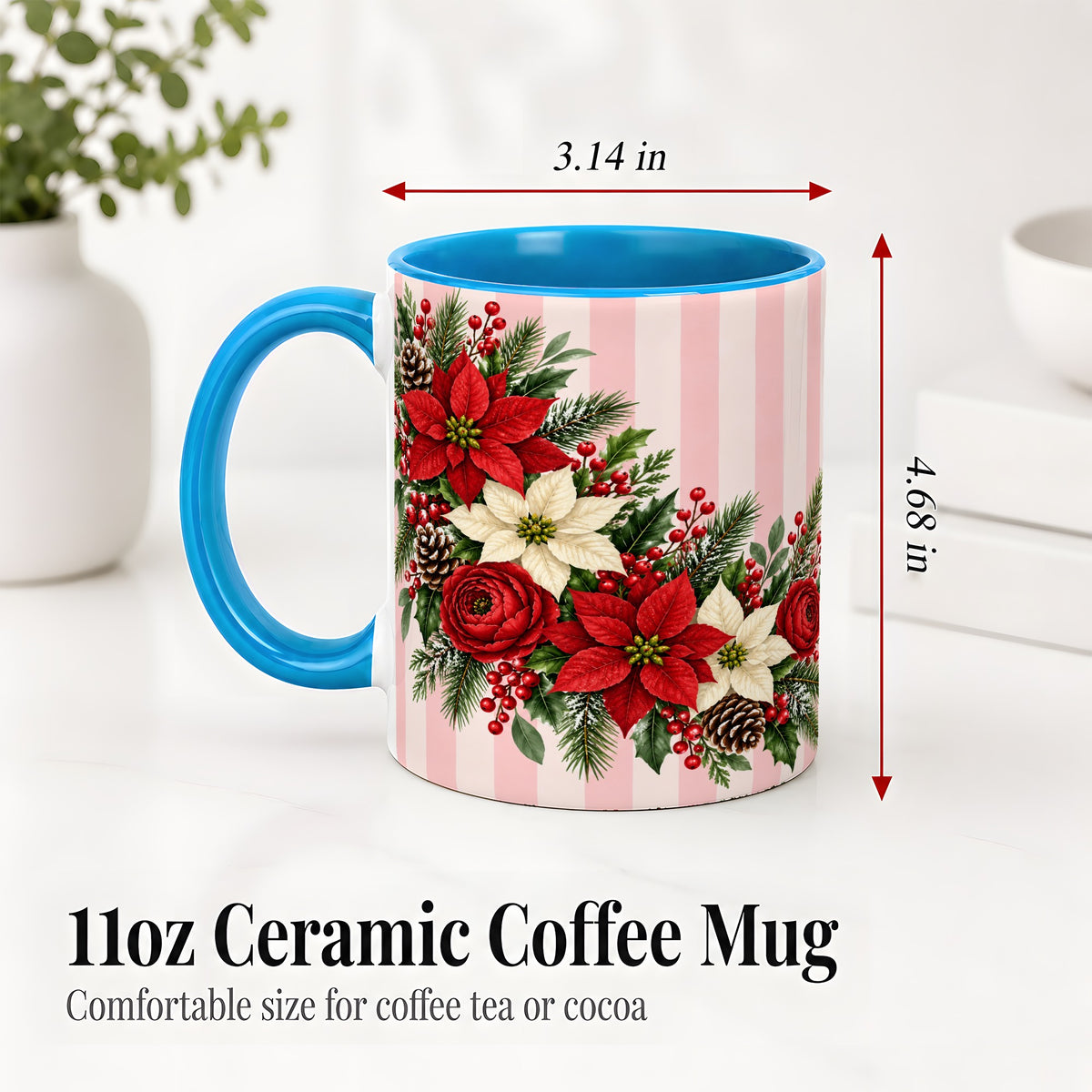 #pl[11oz|Blue] Poinsettia Christmas Floral Mug, Ceramic Mug with Pink Stripes
