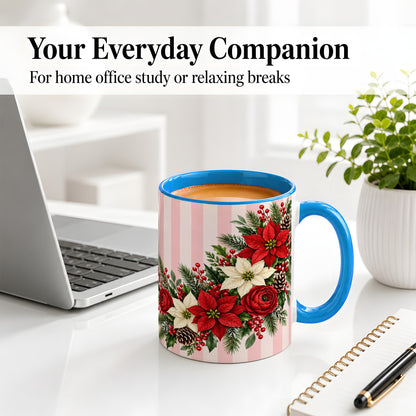 #pl[11oz|Blue] Poinsettia Christmas Floral Mug, Ceramic Mug with Pink Stripes