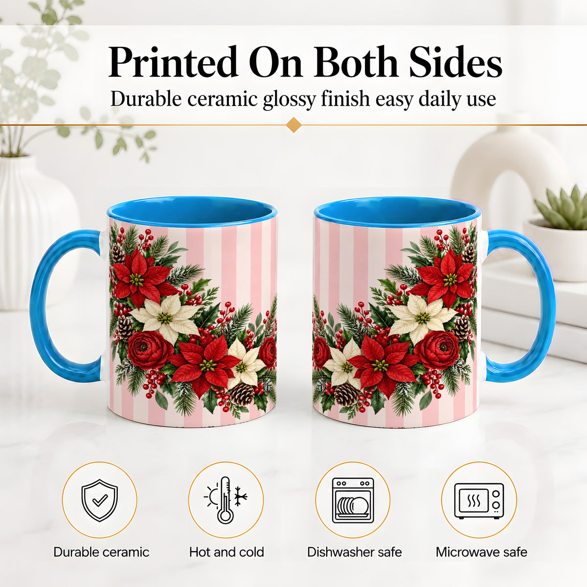 #pl[11oz|Blue] Poinsettia Christmas Floral Mug, Ceramic Mug with Pink Stripes