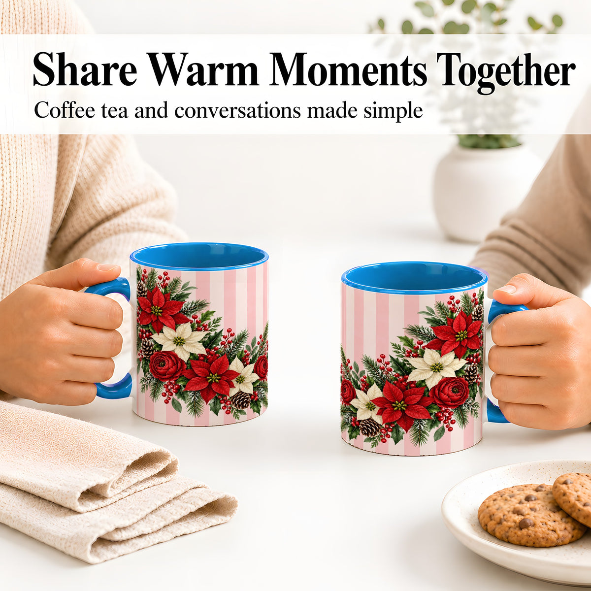 #pl[11oz|Blue] Poinsettia Christmas Floral Mug, Ceramic Mug with Pink Stripes