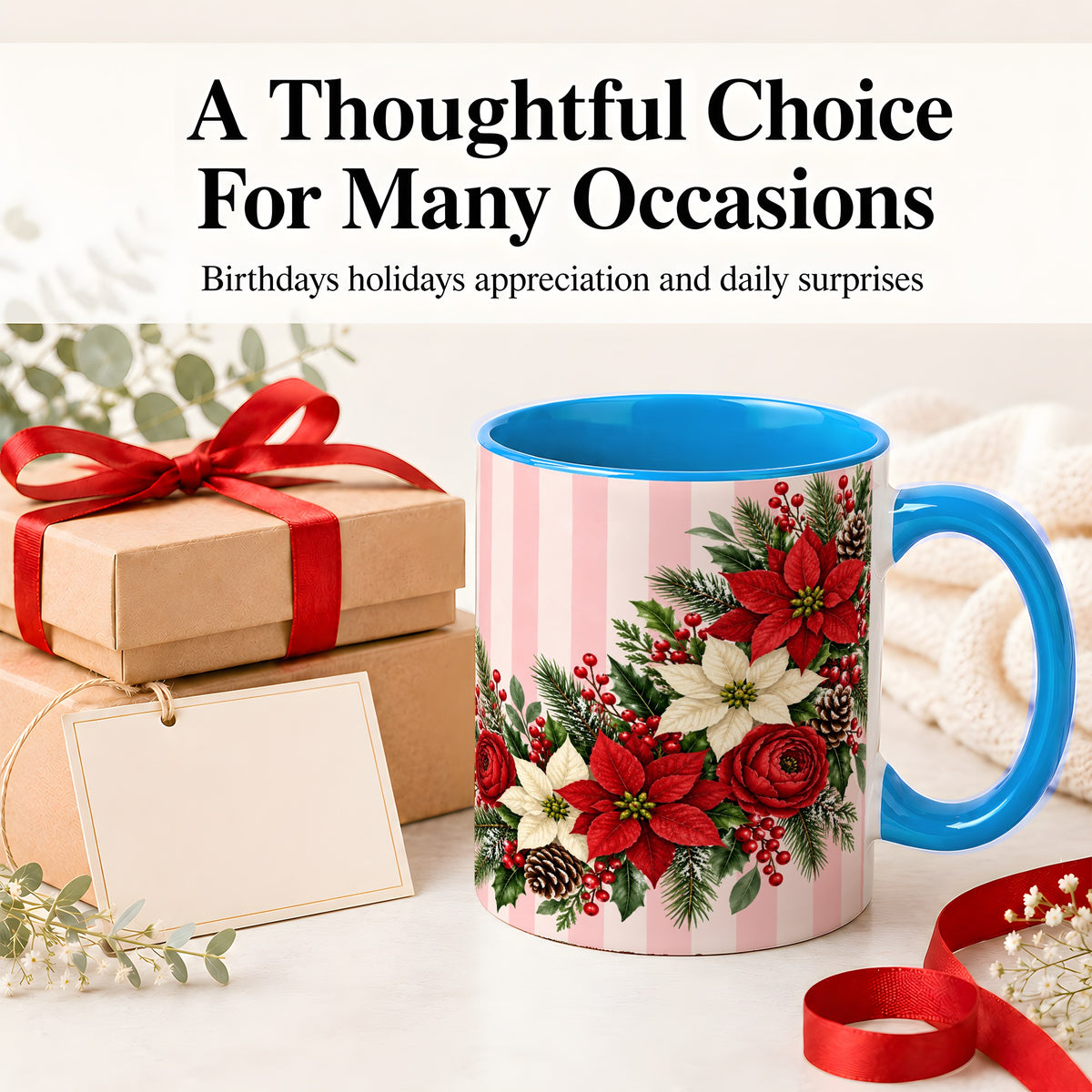 #pl[11oz|Blue] Poinsettia Christmas Floral Mug, Ceramic Mug with Pink Stripes