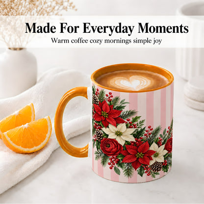 #pl[11oz|Orange] Poinsettia Christmas Floral Mug, Ceramic Mug with Pink Stripes