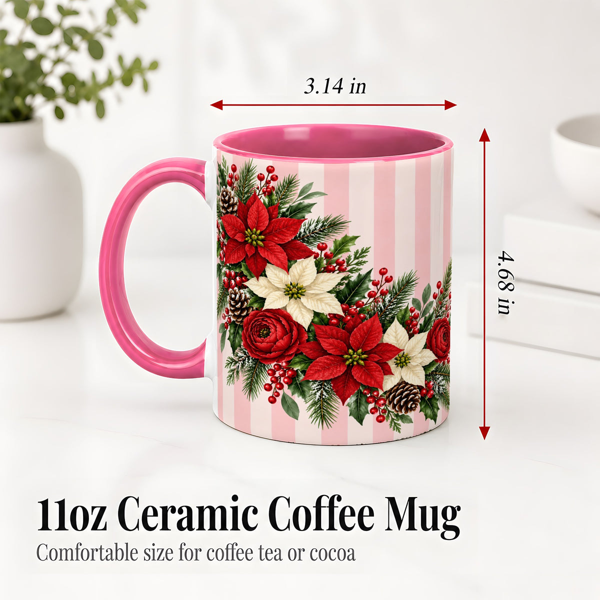 #pl[11oz|Pink] Poinsettia Christmas Floral Mug, Ceramic Mug with Pink Stripes