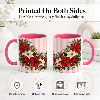 #pl[11oz|Pink] Poinsettia Christmas Floral Mug, Ceramic Mug with Pink Stripes