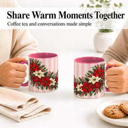 #pl[11oz|Pink] Poinsettia Christmas Floral Mug, Ceramic Mug with Pink Stripes