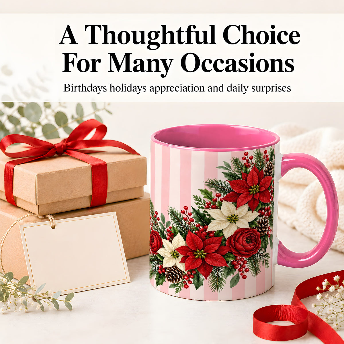 #pl[11oz|Pink] Poinsettia Christmas Floral Mug, Ceramic Mug with Pink Stripes