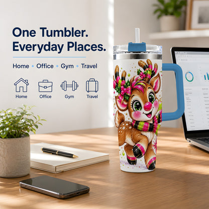 #pl[40oz|Blue] Bright Christmas Reindeer Tumbler, 40oz Stainless Steel Tumbler for Drinks