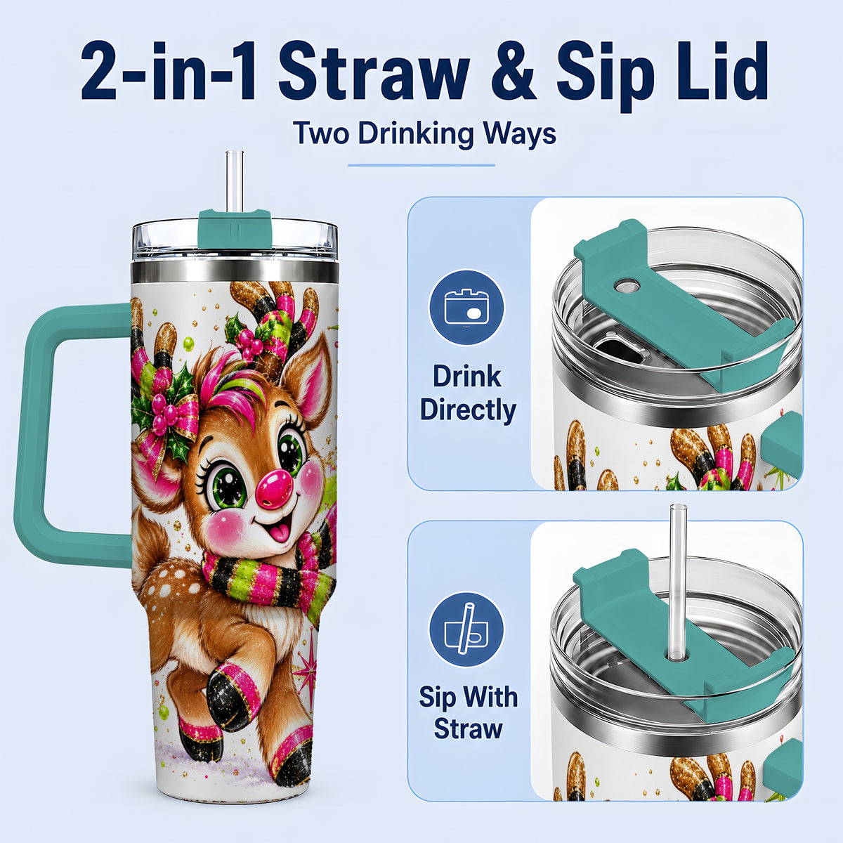 #pl[40oz|Green] Bright Christmas Reindeer Tumbler, 40oz Stainless Steel Tumbler for Drinks