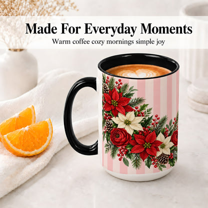 #pl[15oz|Black] Poinsettia Christmas Floral Mug, Ceramic Mug with Pink Stripes