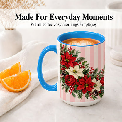 #pl[15oz|Blue] Poinsettia Christmas Floral Mug, Ceramic Mug with Pink Stripes