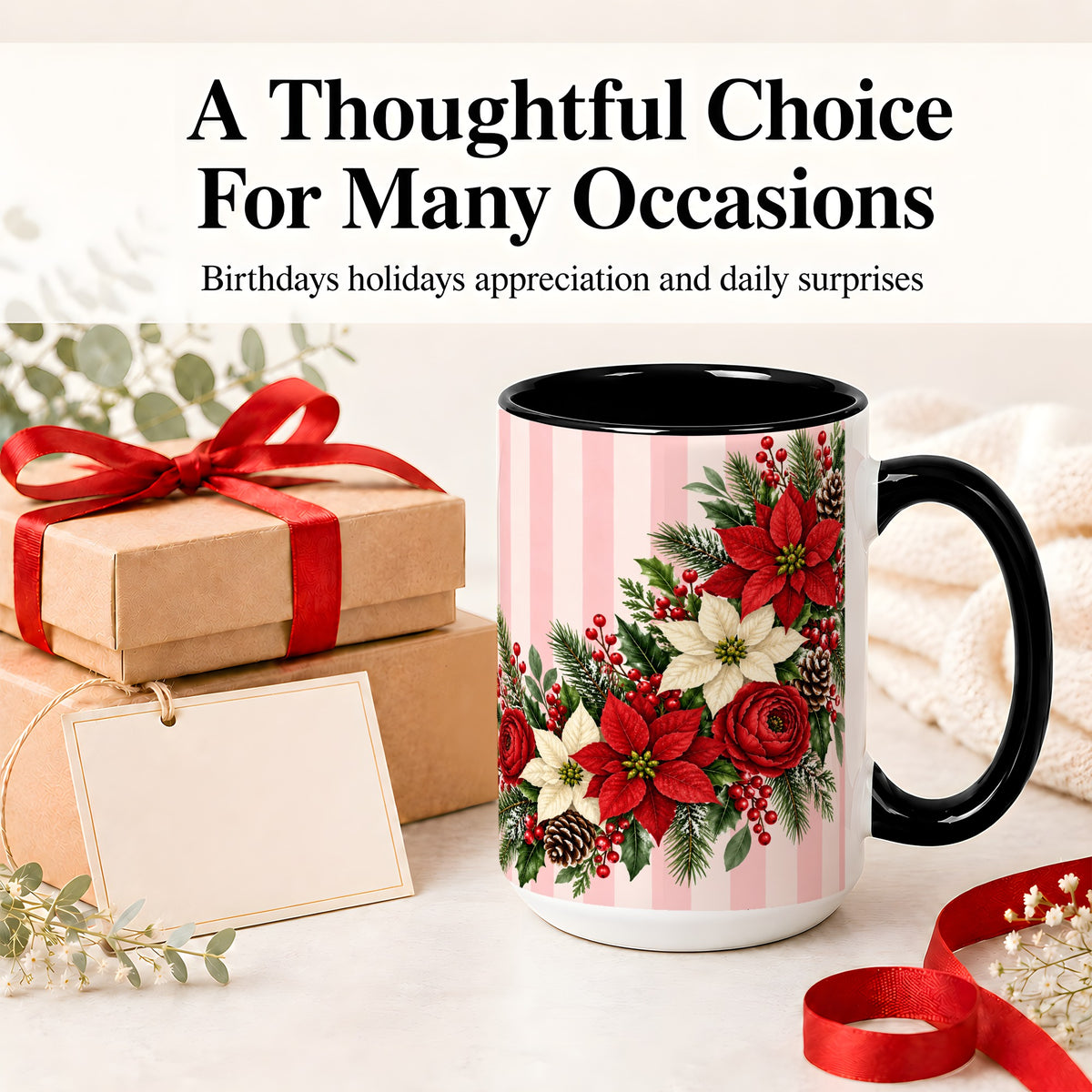 #pl[15oz|Black] Poinsettia Christmas Floral Mug, Ceramic Mug with Pink Stripes