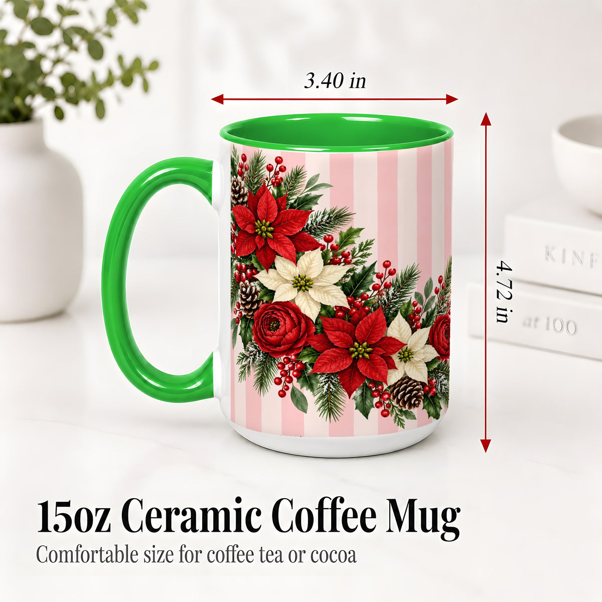 #pl[15oz|Green] Poinsettia Christmas Floral Mug, Ceramic Mug with Pink Stripes