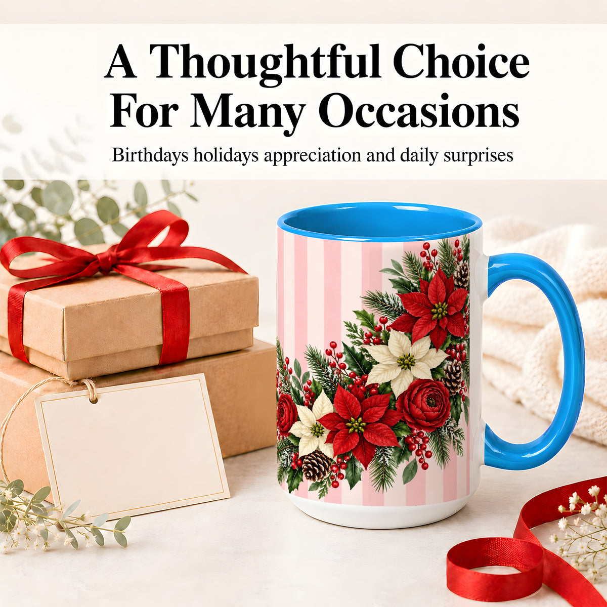 #pl[15oz|Blue] Poinsettia Christmas Floral Mug, Ceramic Mug with Pink Stripes